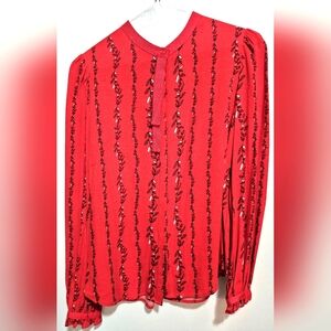 ELEGANT RED LEAF-PATTERENED WOMEN'S BLOUSE. NWOT